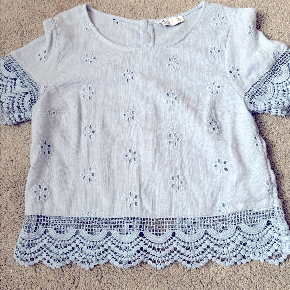Hollister Light Blue Eyelet Crochet Trim Blouse